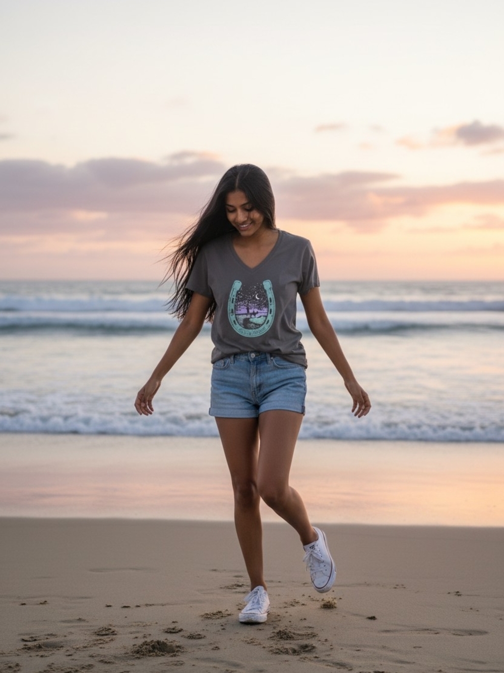 Life Is Good Women's Black V-Neck Tee with Teal Horseshoe & Purple Night Scene